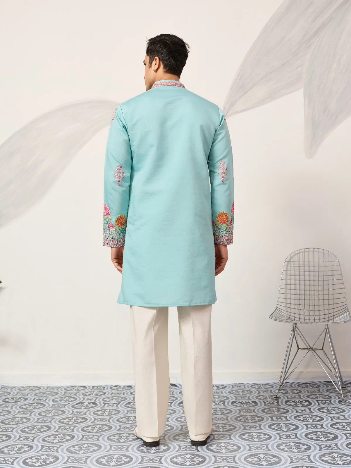 Pastel Sky Blue Men Embroidery Kurta