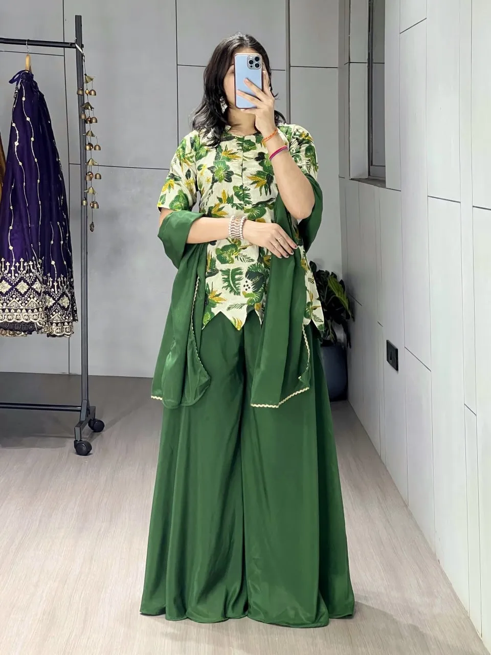 Women's Floral Embroidery Short Top with Plazzo Dress