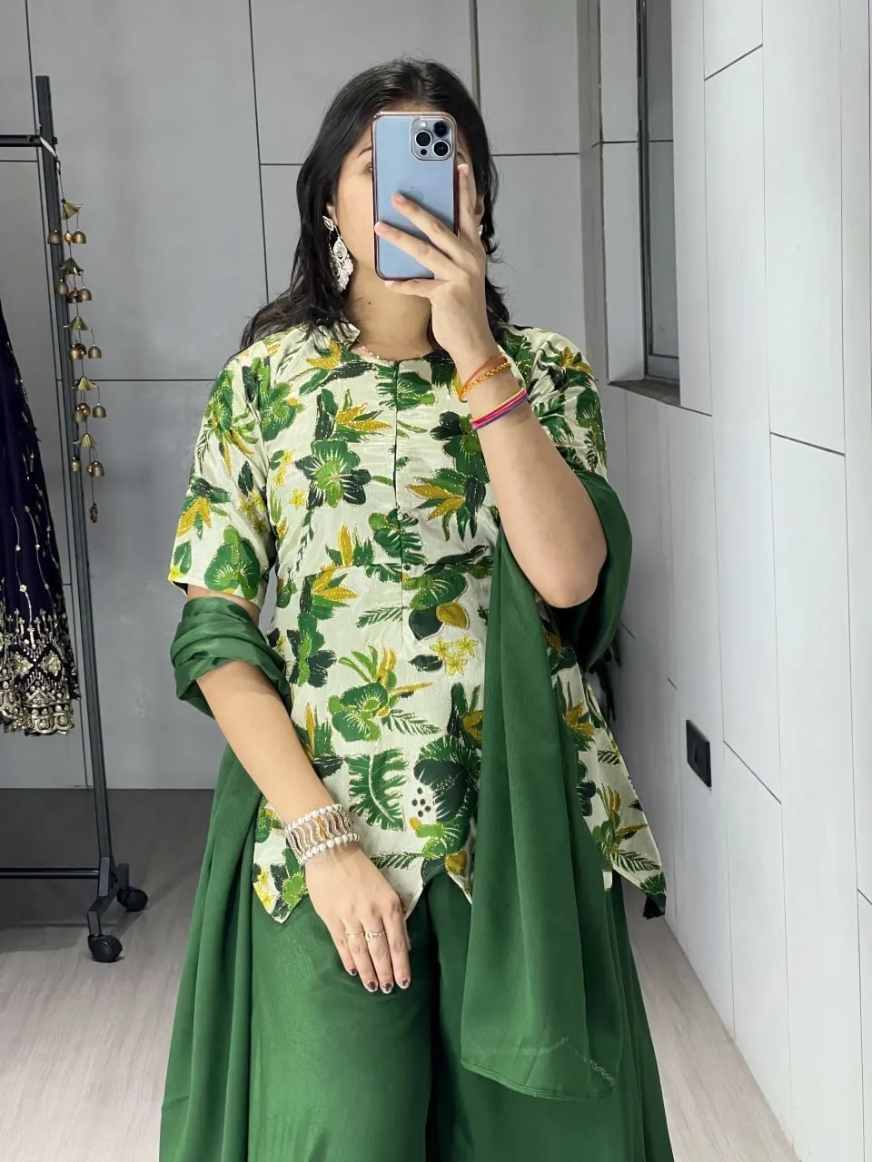 Women's Floral Embroidery Short Top with Plazzo Dress