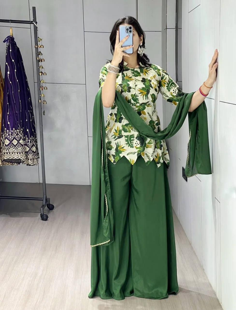 Women's Floral Embroidery Short Top with Plazzo Dress