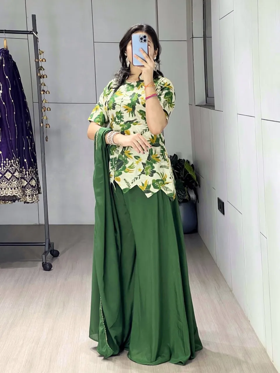 Women's Floral Embroidery Short Top with Plazzo Dress
