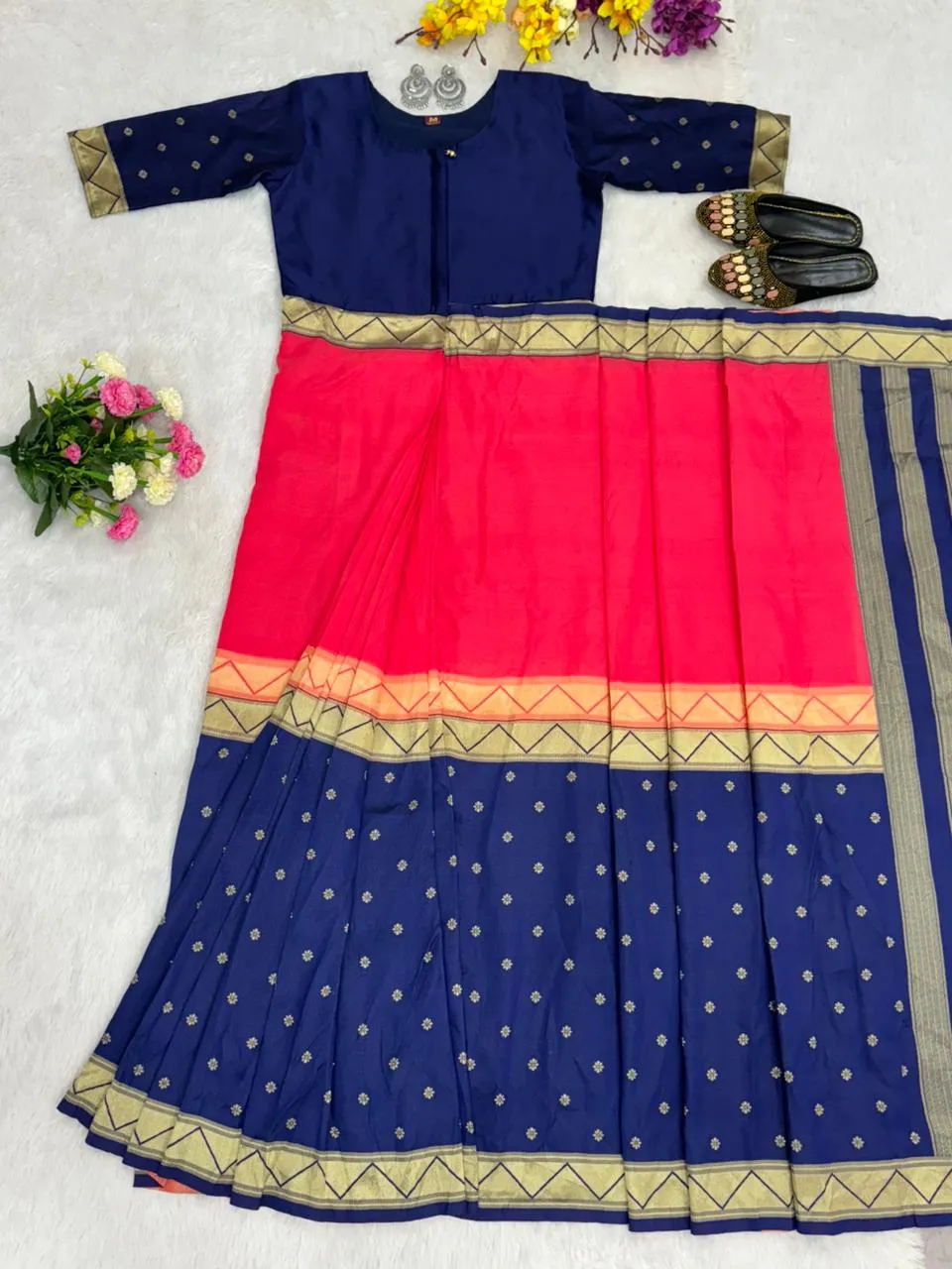 Zip and go Saree for Wedding Orange Blue Color