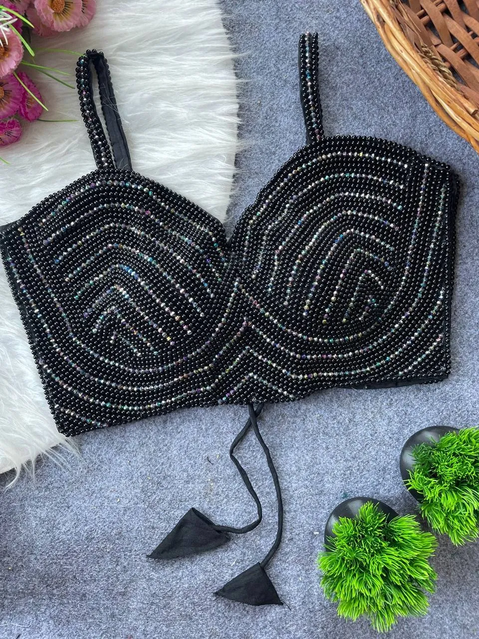 Black Color Pearl Moti Spaghetti Blouse