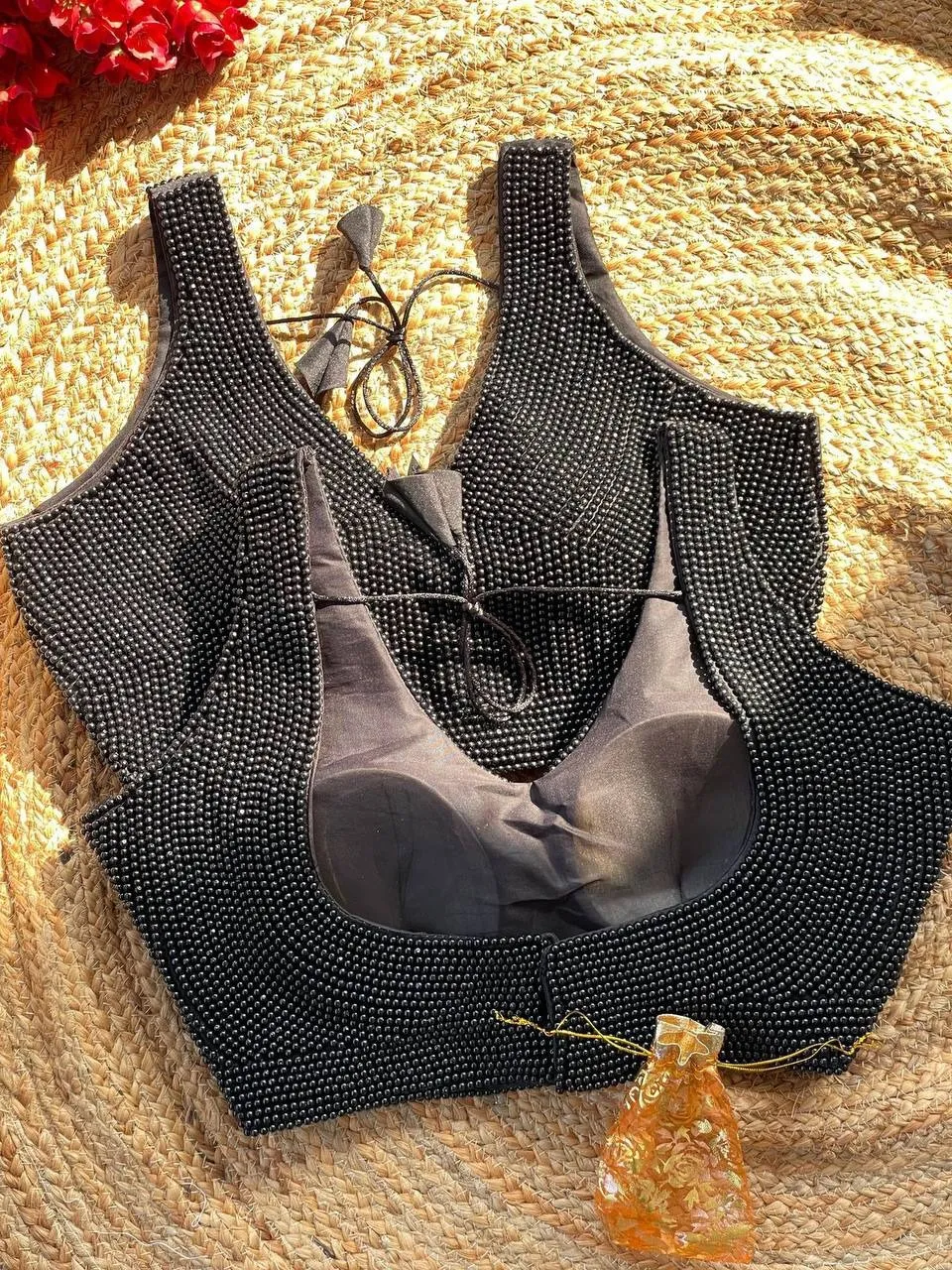 Black Pearl Moti Sleeveless Blouse for Wedding