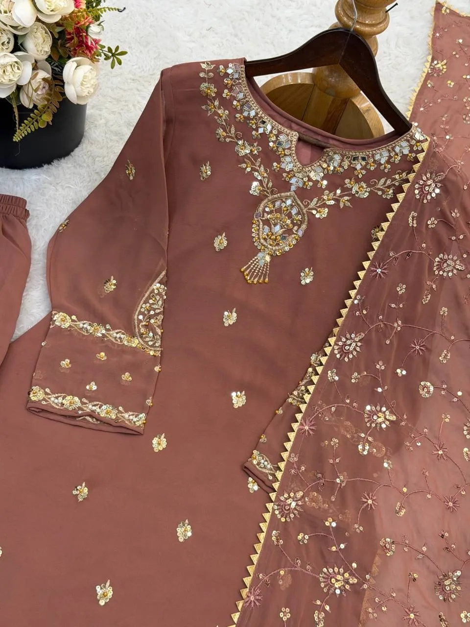 Brown Straight Readymade Pakistani Suit Set