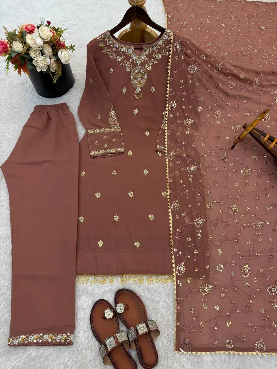 Brown Straight Readymade Pakistani Suit Set