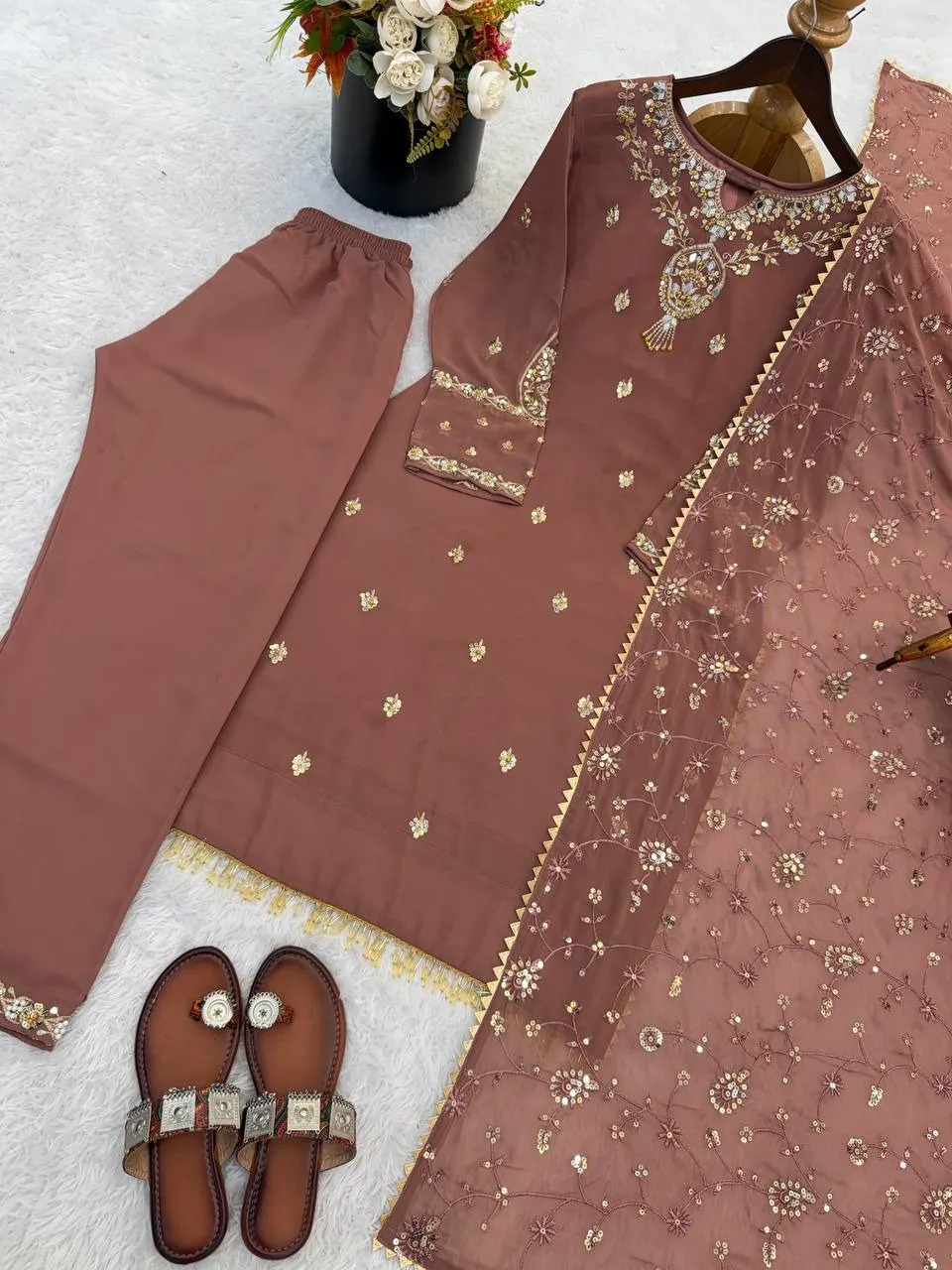 Brown Straight Readymade Pakistani Suit Set