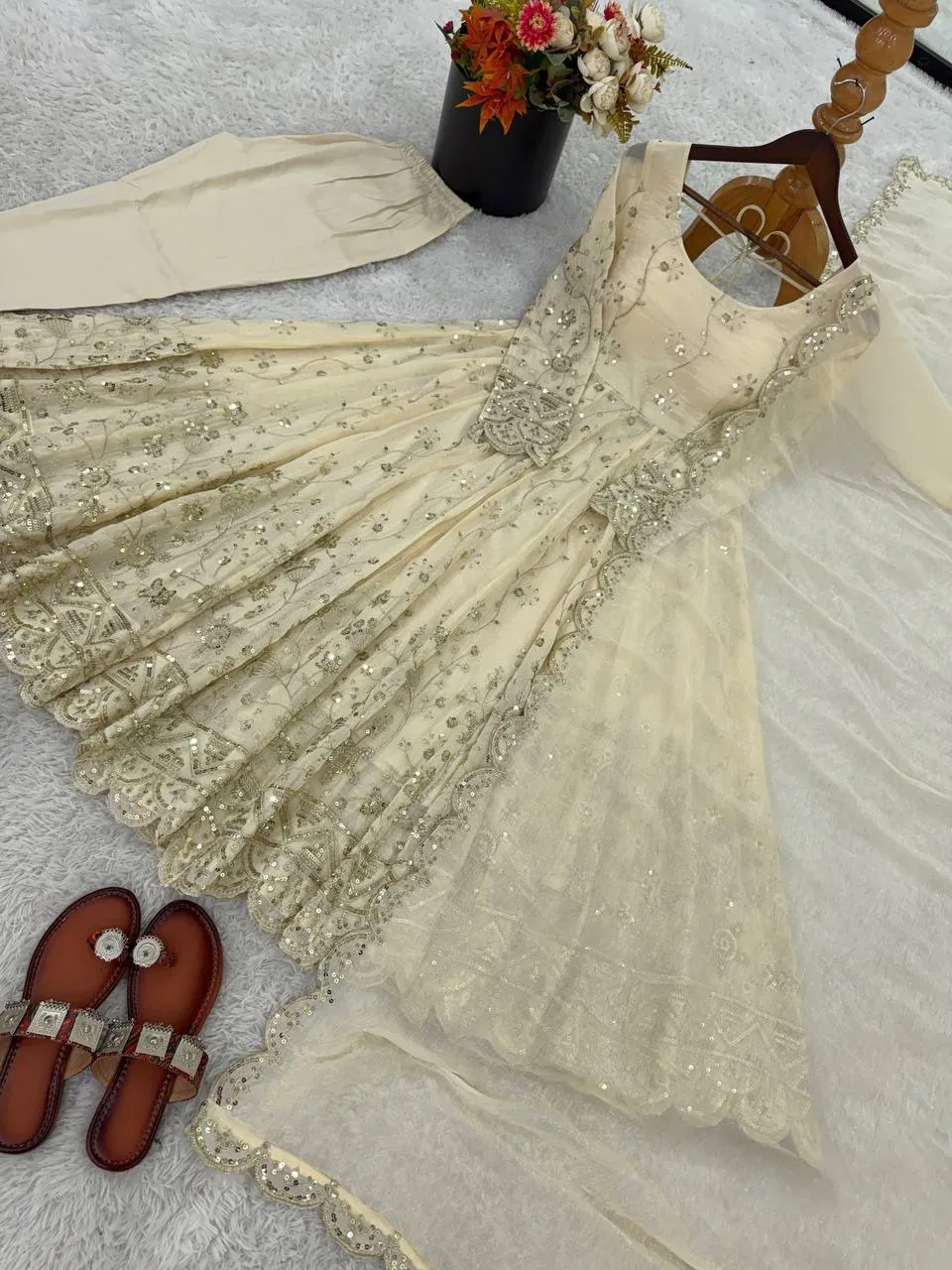 Creme Anarkali Dress for Ramzan Eid