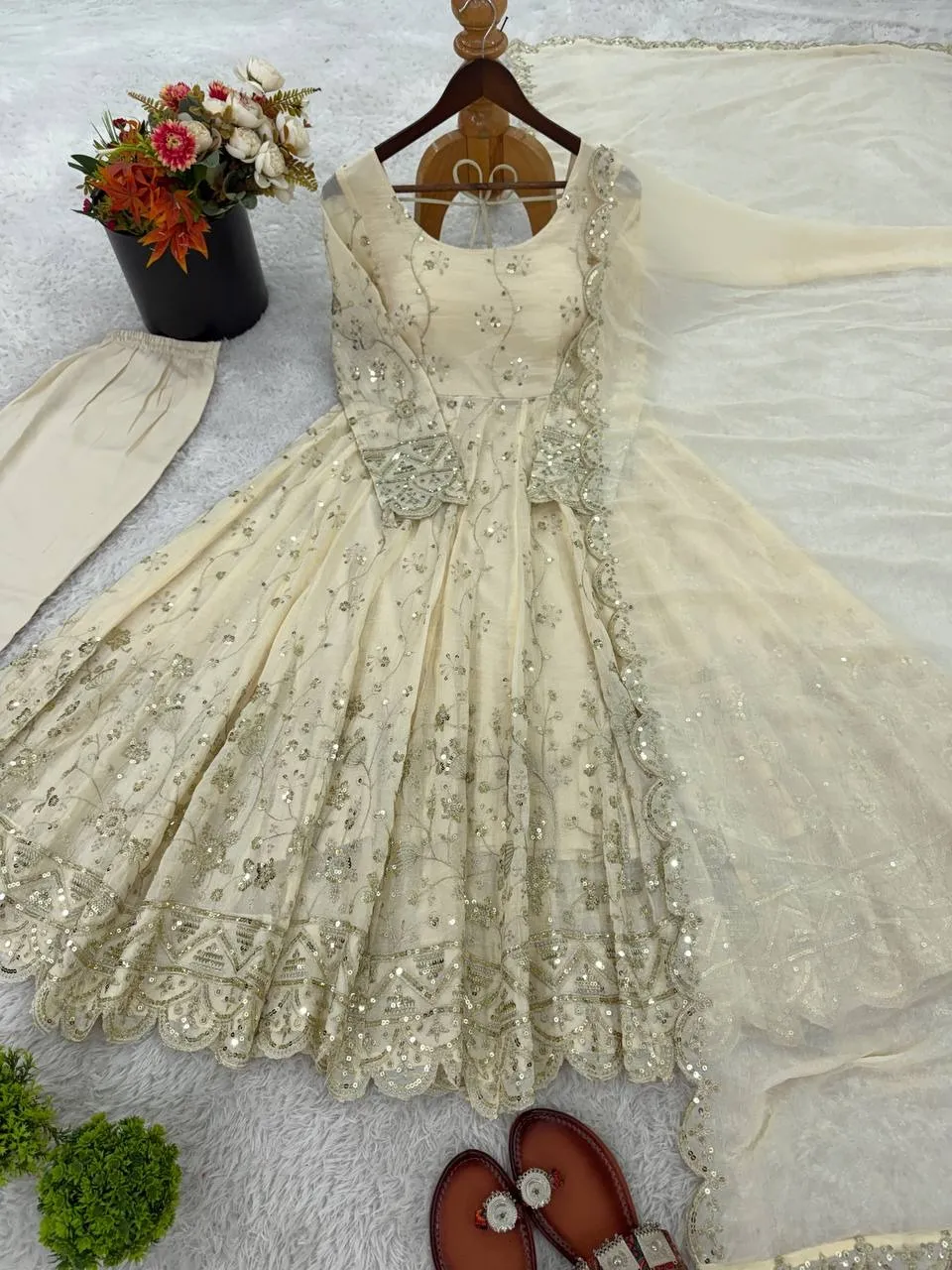 Creme Anarkali Dress for Ramzan Eid