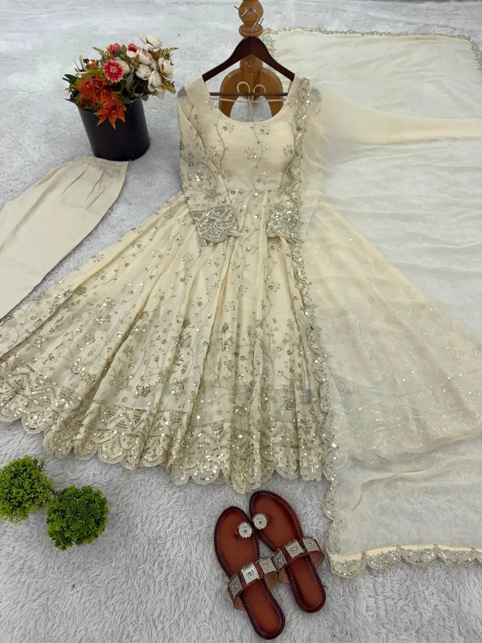 Creme Anarkali Dress for Ramzan Eid