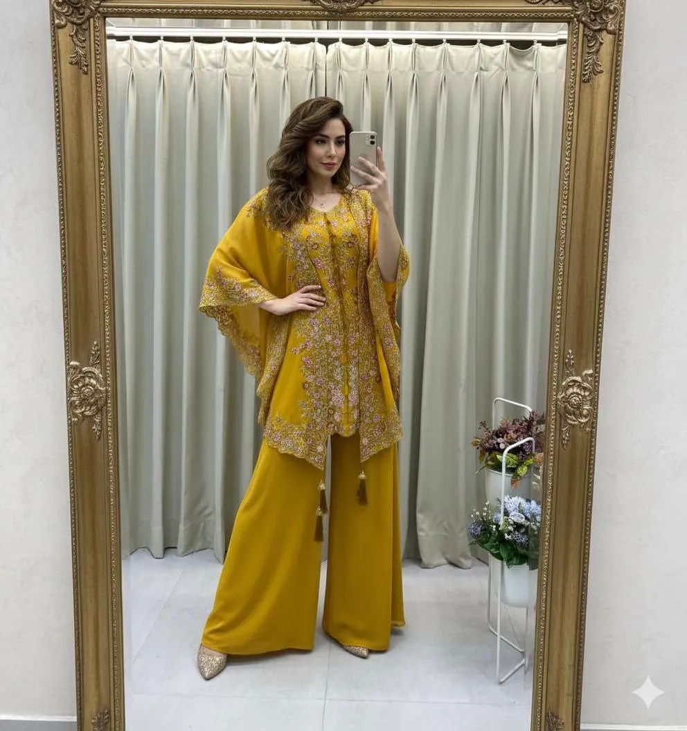 Designer Shrug Style Readymade Dress Yellow