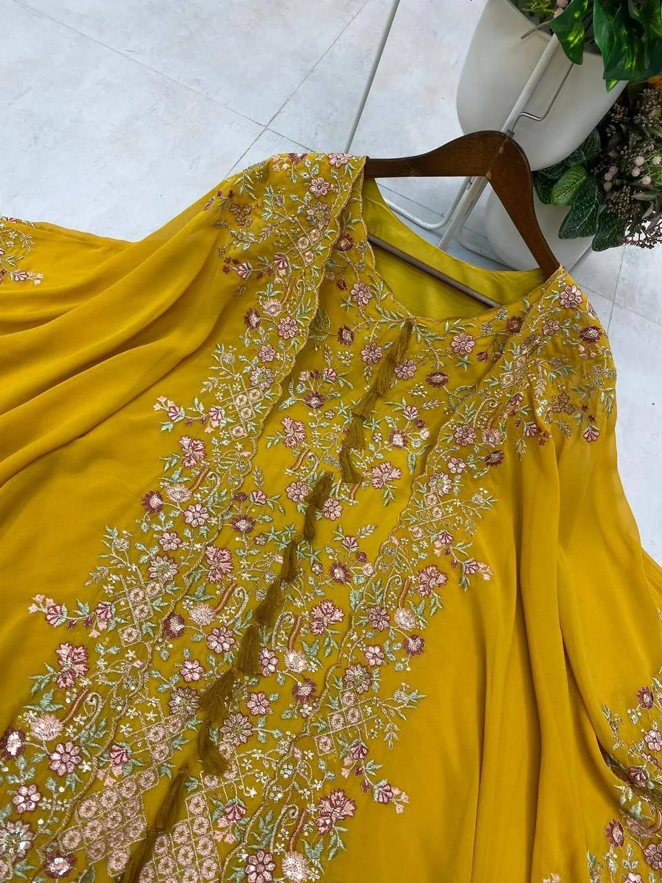 Designer Shrug Style Readymade Dress Yellow