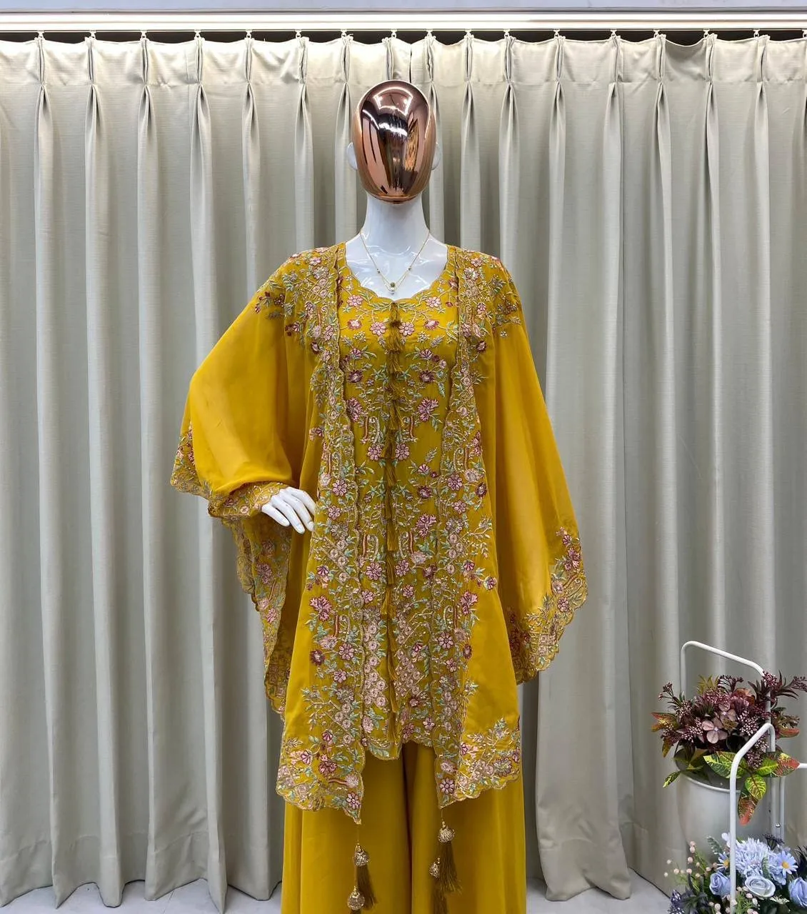 Designer Shrug Style Readymade Dress Yellow