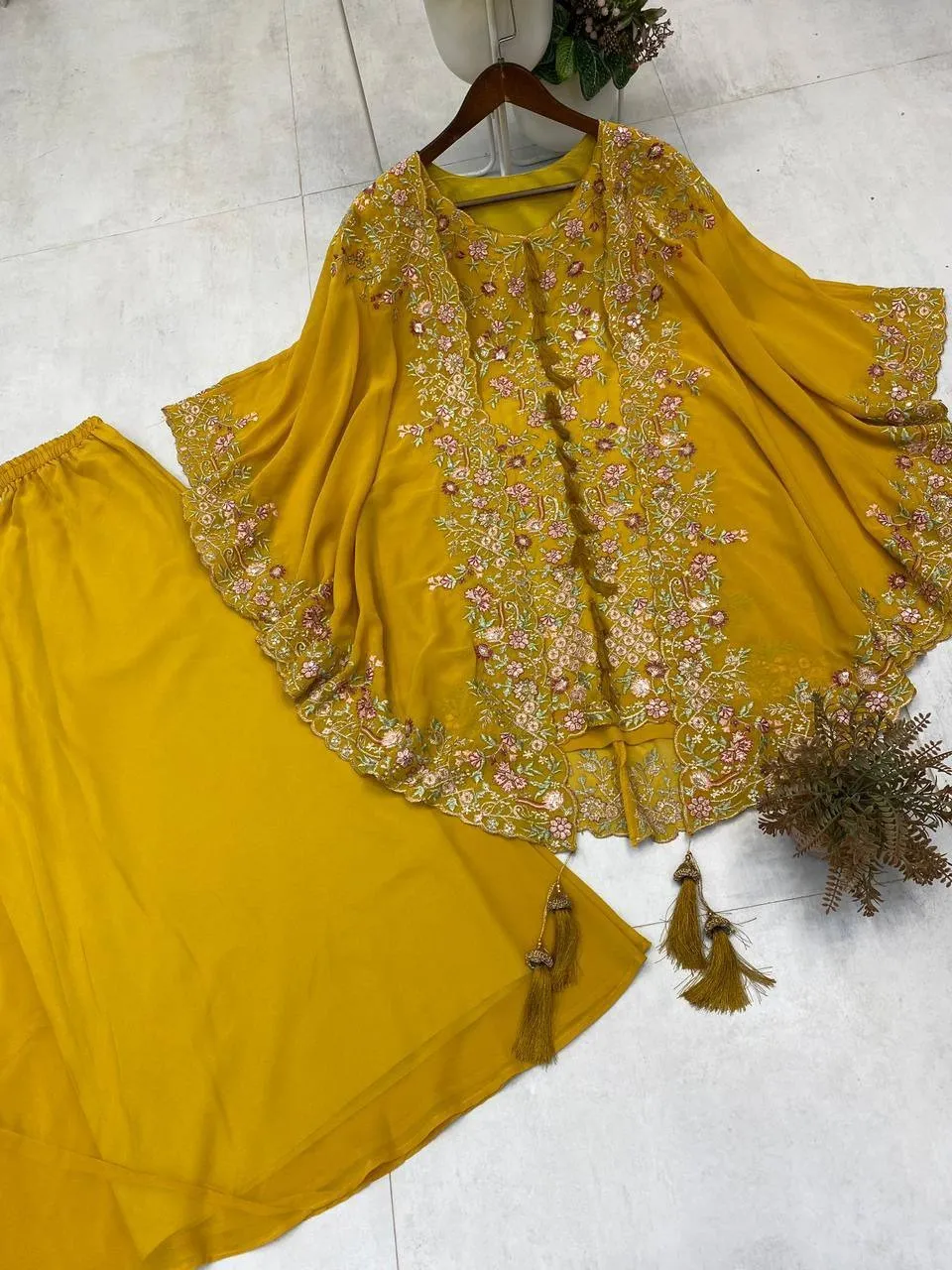 Designer Shrug Style Readymade Dress Yellow