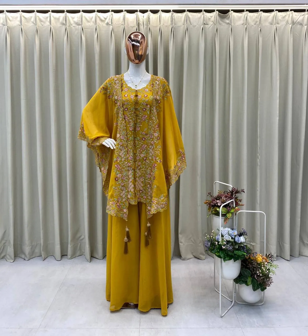 Designer Shrug Style Readymade Dress Yellow