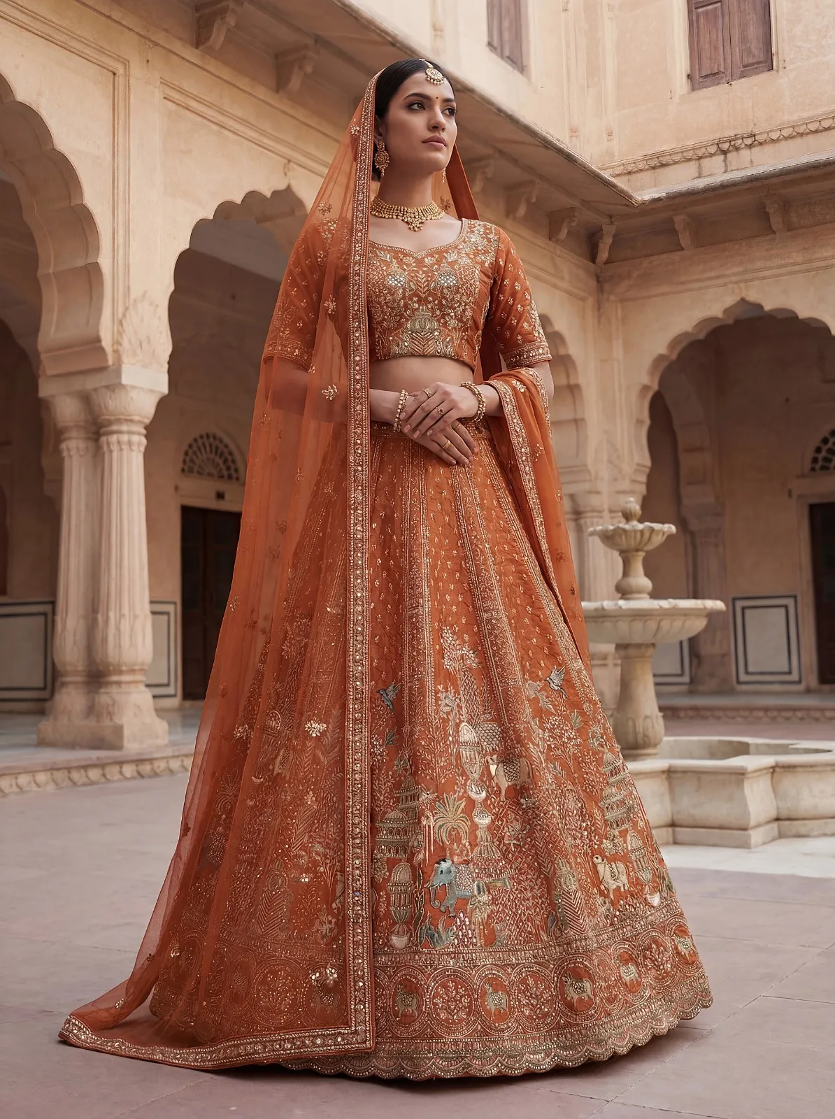 Double Dupatta Flared Bridal Lehenga Choli in Orange