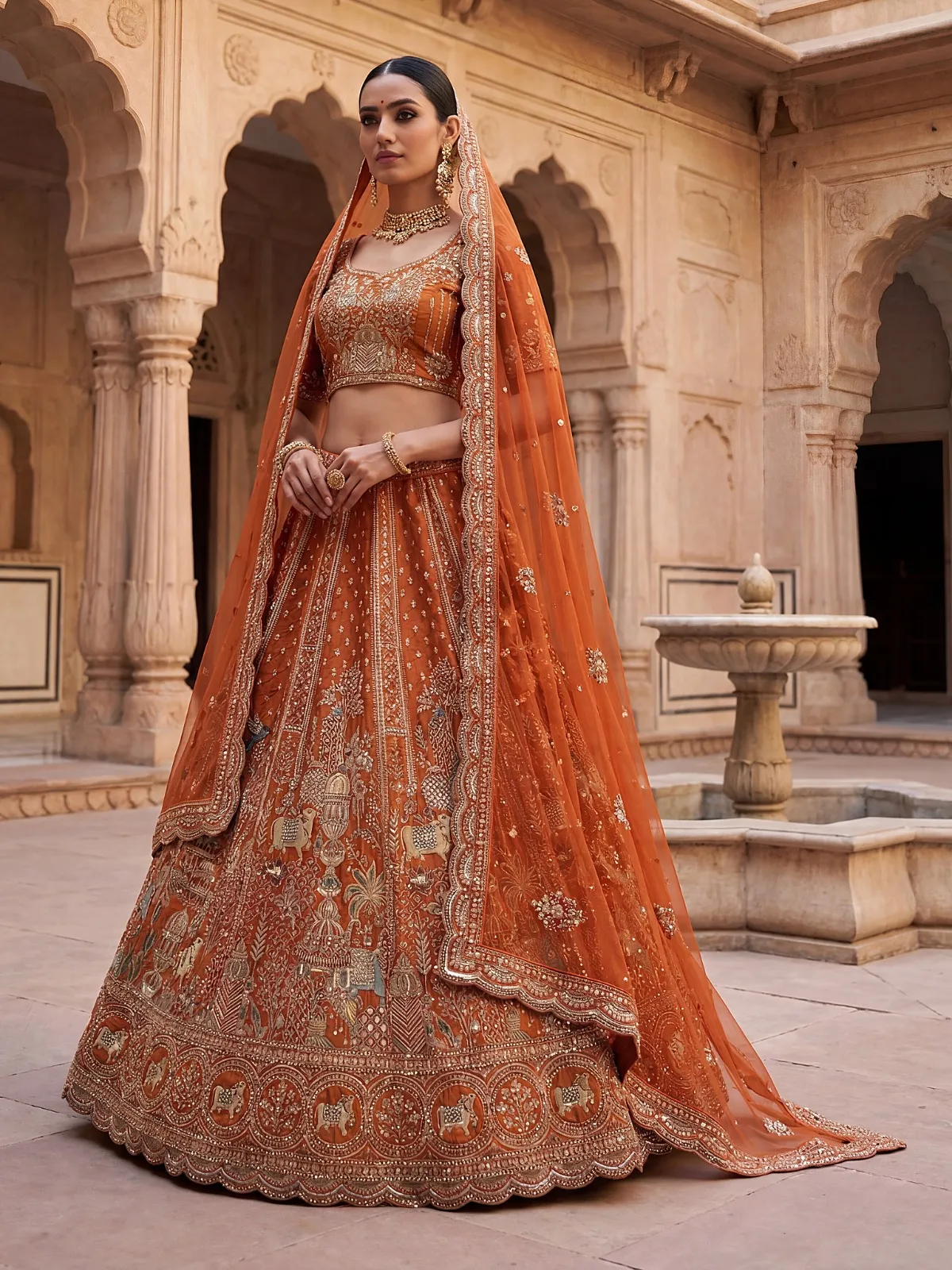 Double Dupatta Flared Bridal Lehenga Choli in Orange