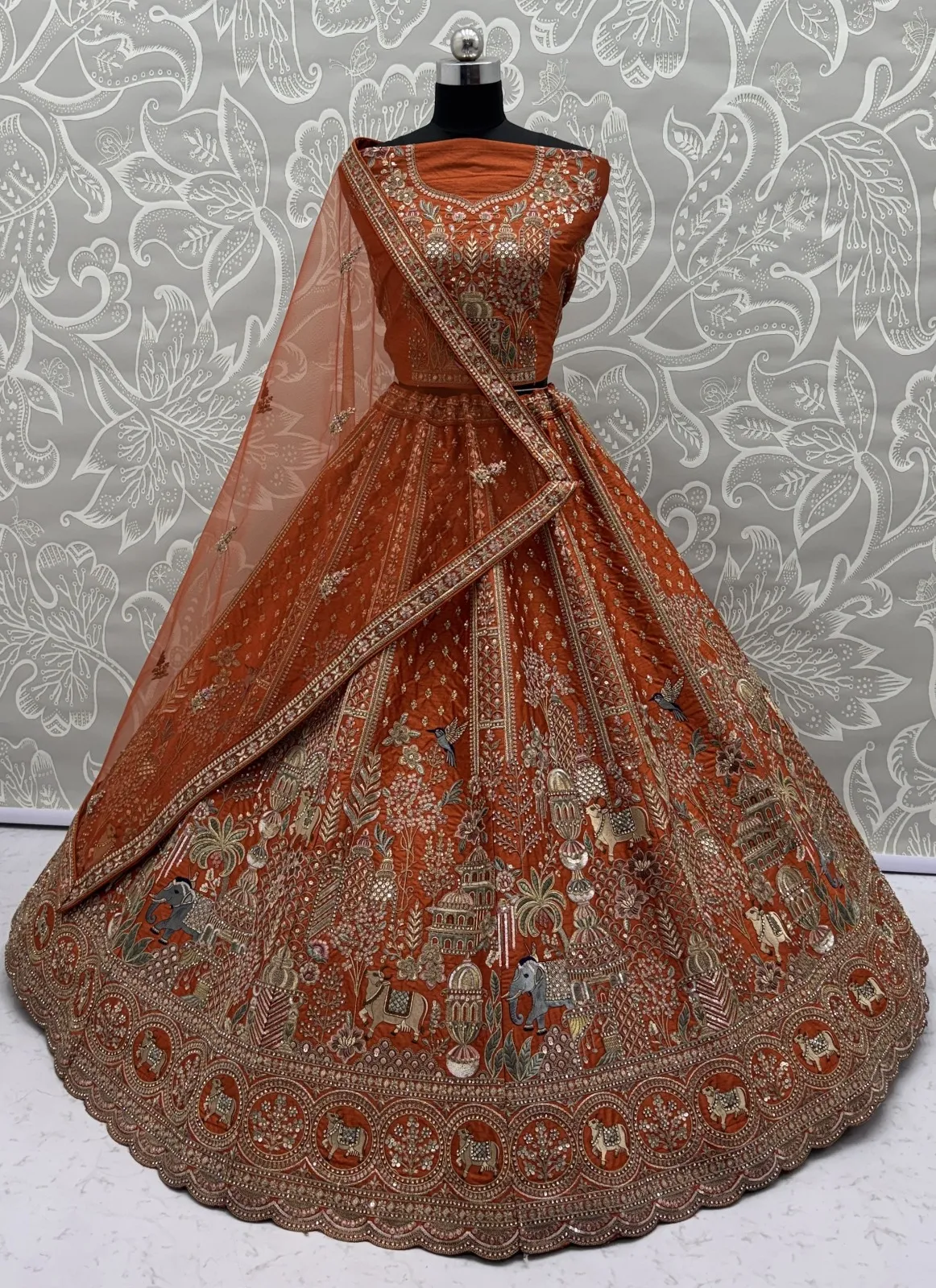 Double Dupatta Flared Bridal Lehenga Choli in Orange