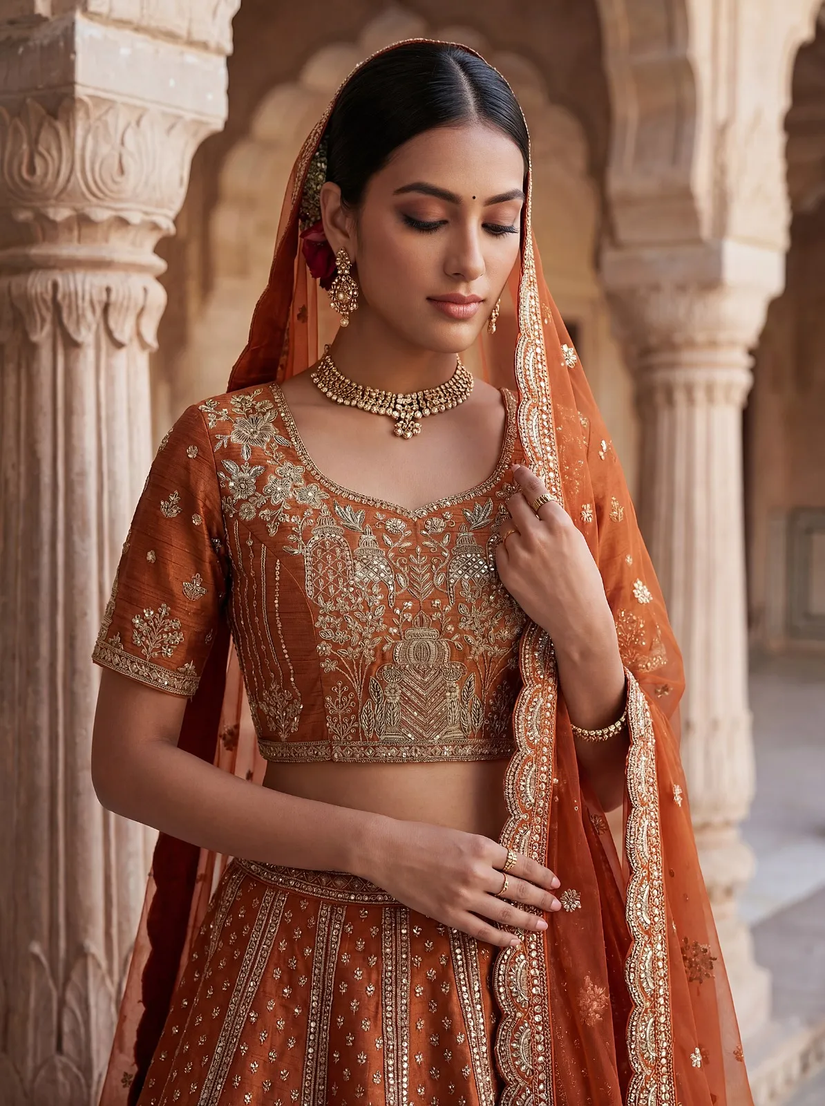 Double Dupatta Flared Bridal Lehenga Choli in Orange