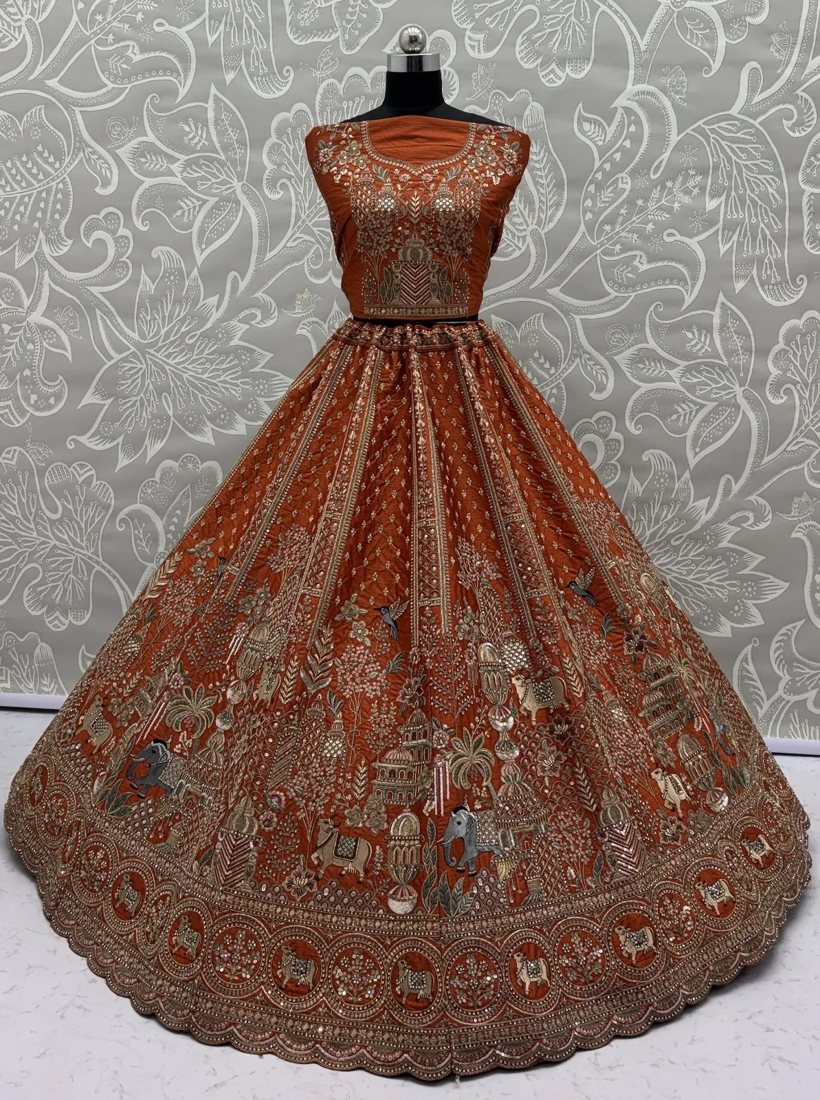 Double Dupatta Flared Bridal Lehenga Choli in Orange