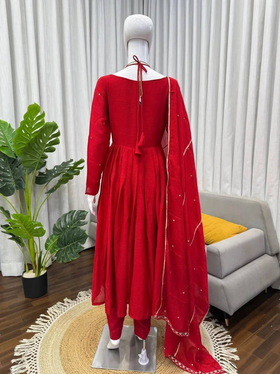 Stylish Neck Pattern Red Anarkali Suit Set
