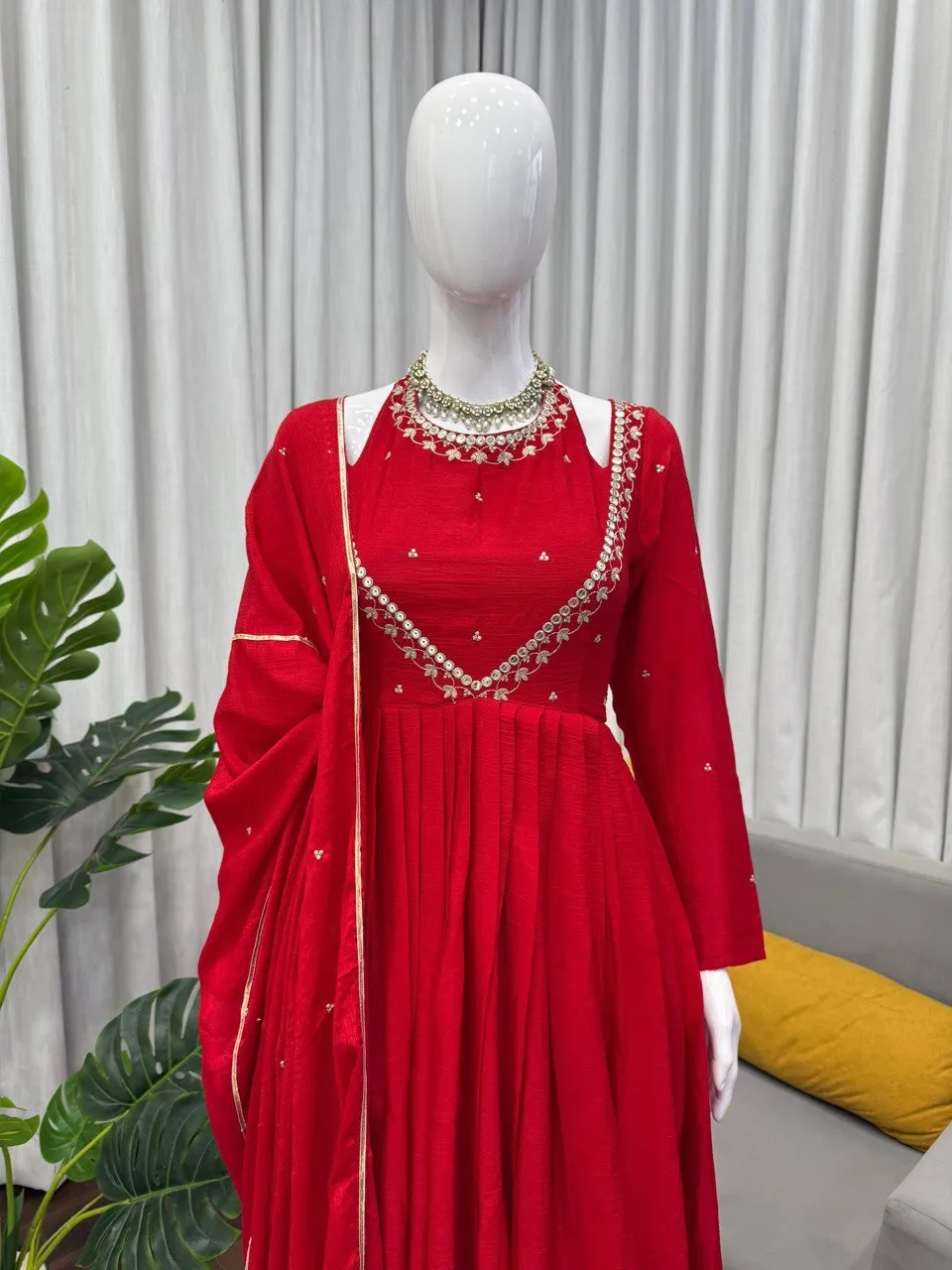 Stylish Neck Pattern Red Anarkali Suit Set