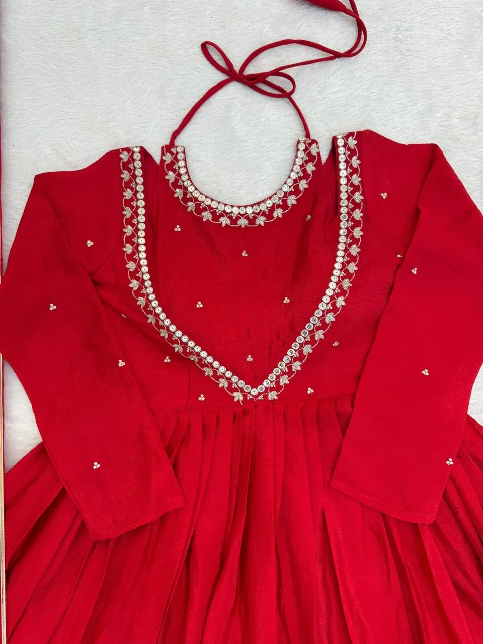 Stylish Neck Pattern Red Anarkali Suit Set