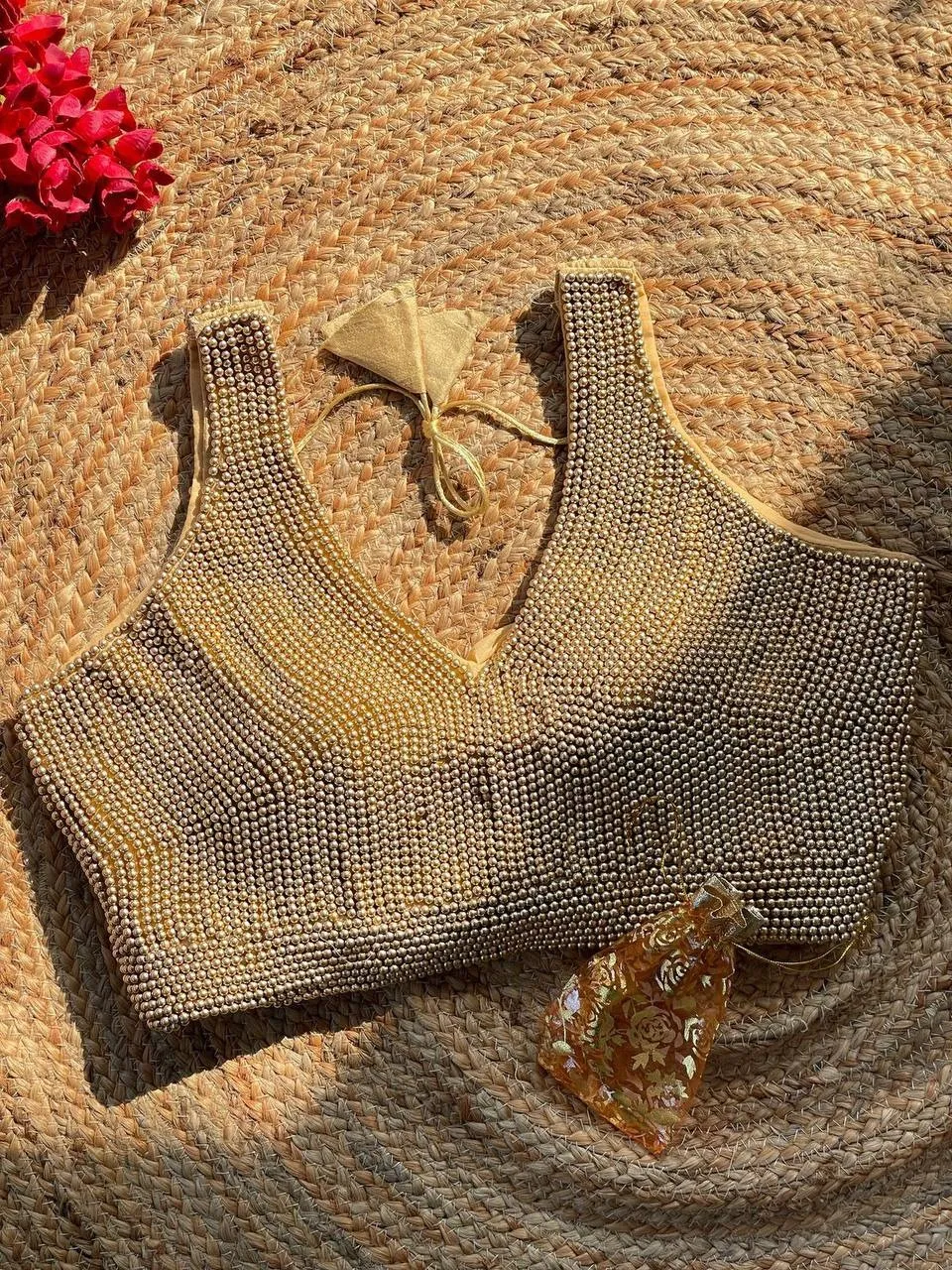Golden Pearl Moti Sleeveless Blouse for Wedding