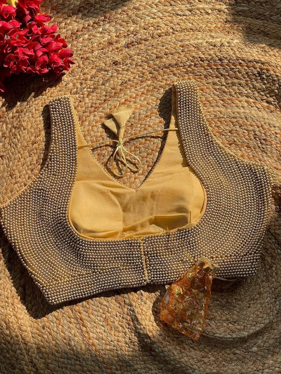 Golden Pearl Moti Sleeveless Blouse for Wedding