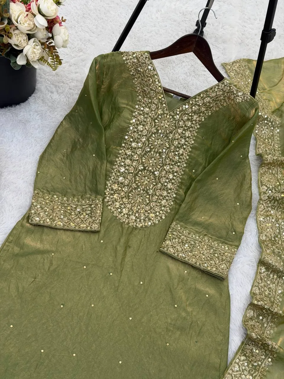 Green Straight Readymade Pakistani Suit Set