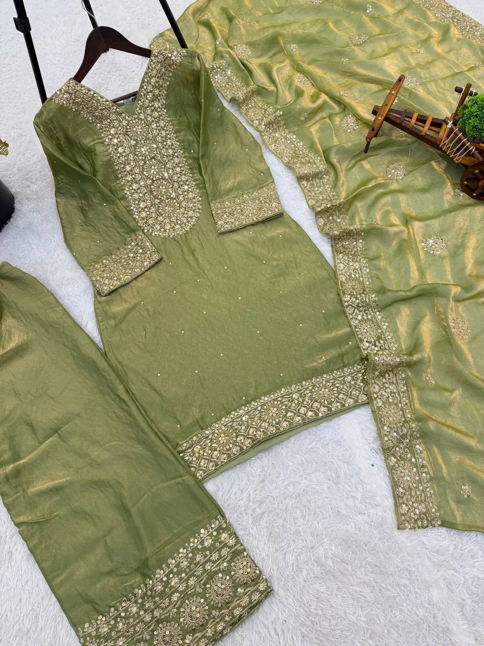 Green Straight Readymade Pakistani Suit Set