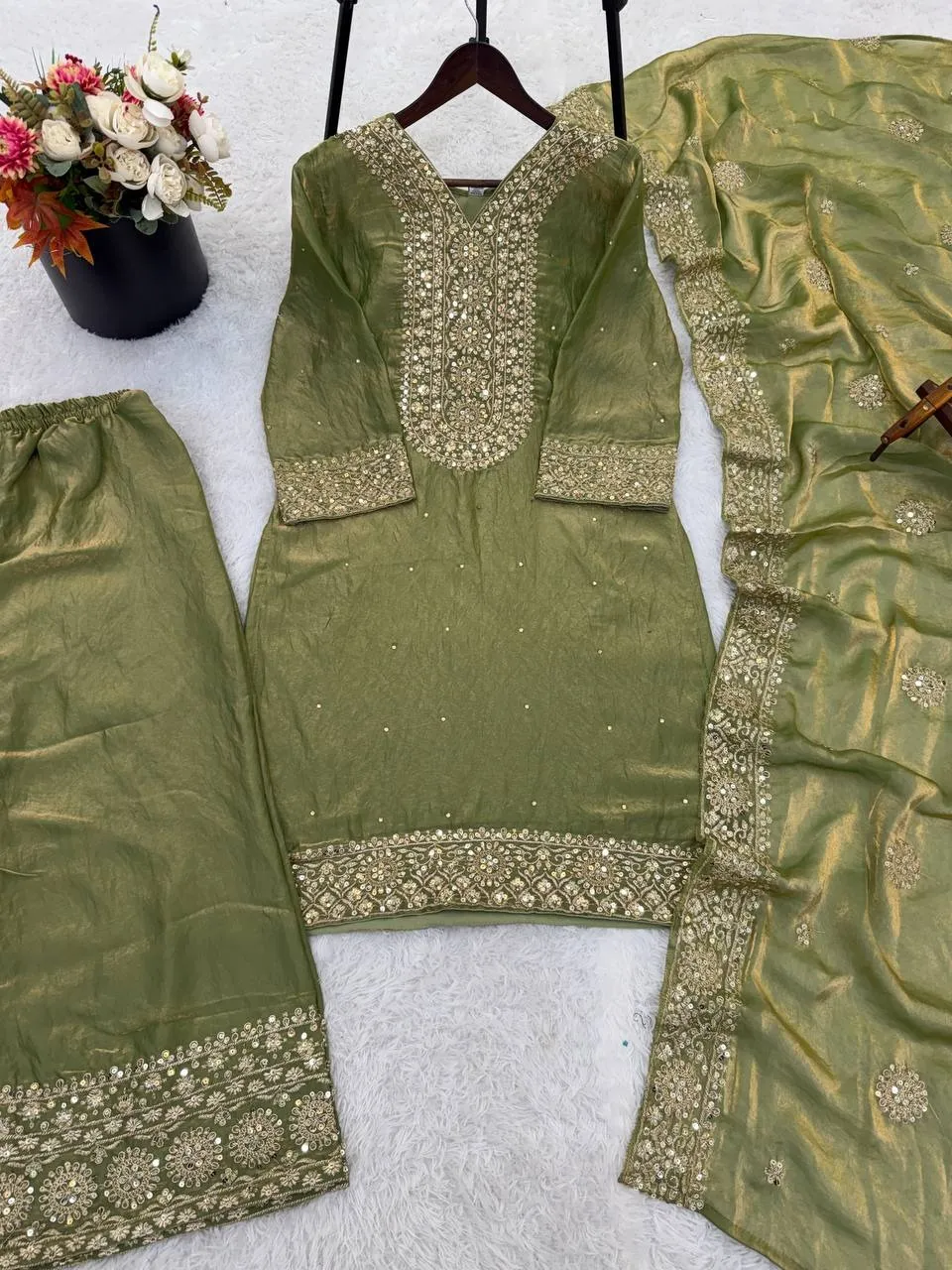 Green Straight Readymade Pakistani Suit Set