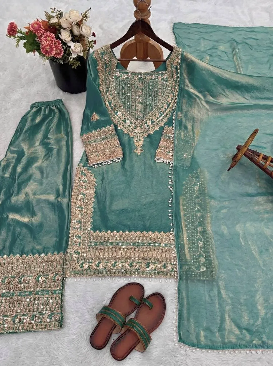 Mint Heavy Embroidery Straight Suit for Eid Festival