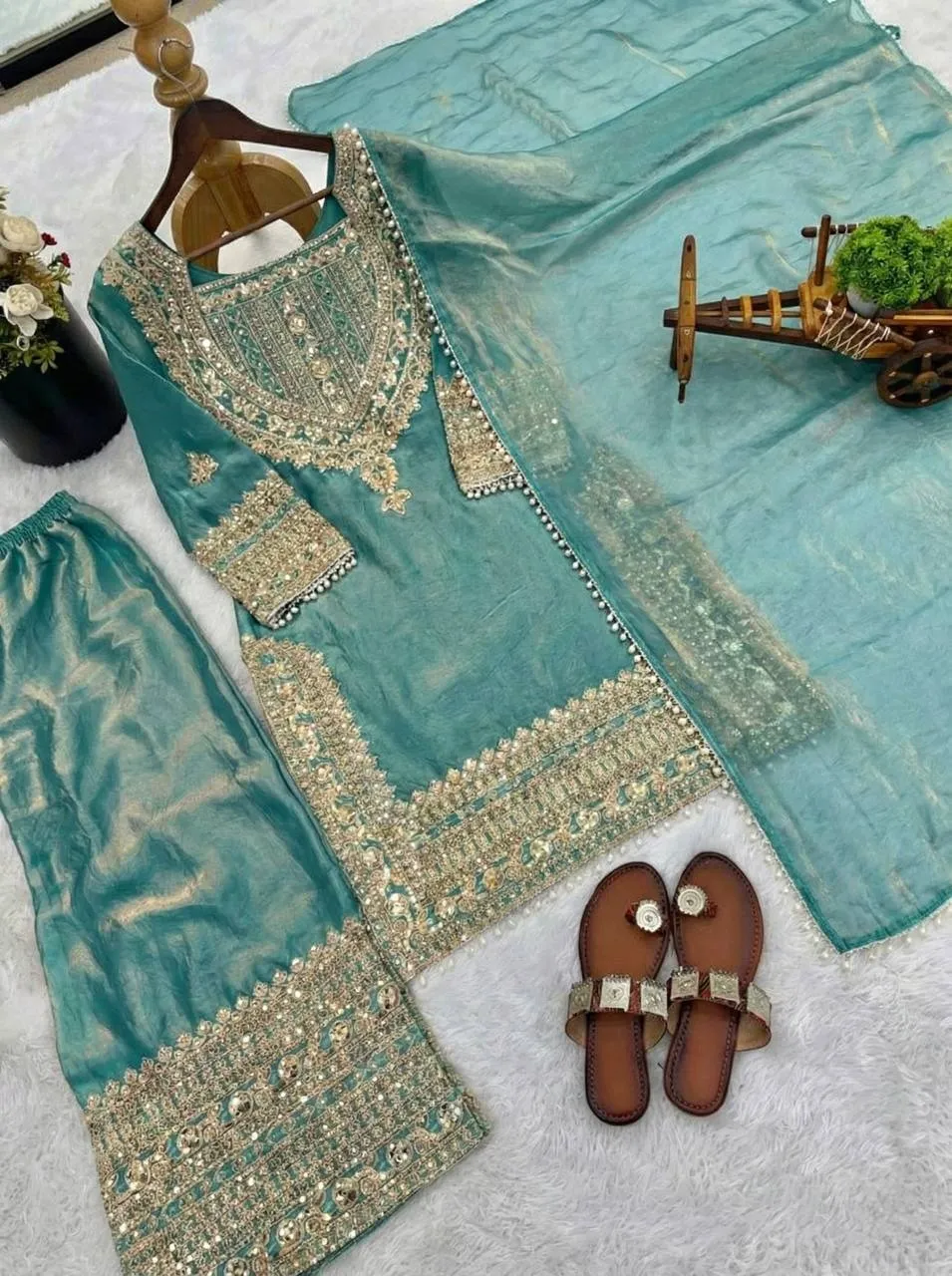 Mint Heavy Embroidery Straight Suit for Eid Festival