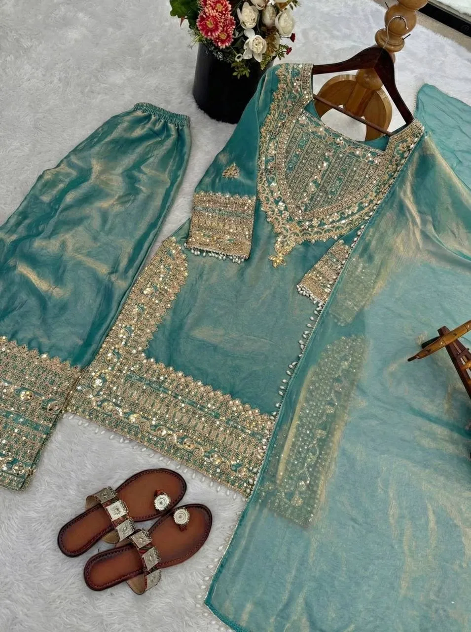 Mint Heavy Embroidery Straight Suit for Eid Festival
