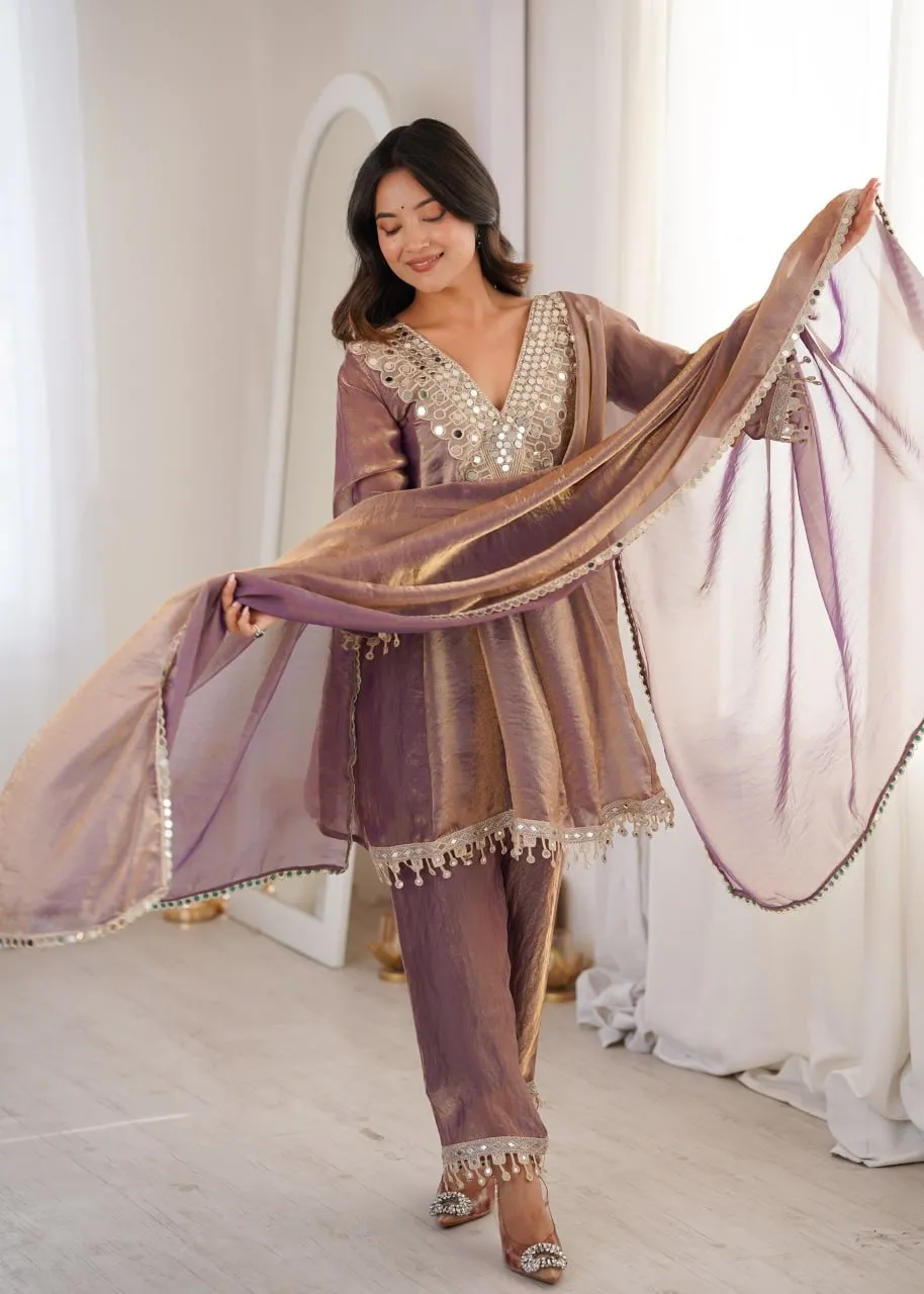 Mirror Work Designer Kurti Pant Dupatta Set