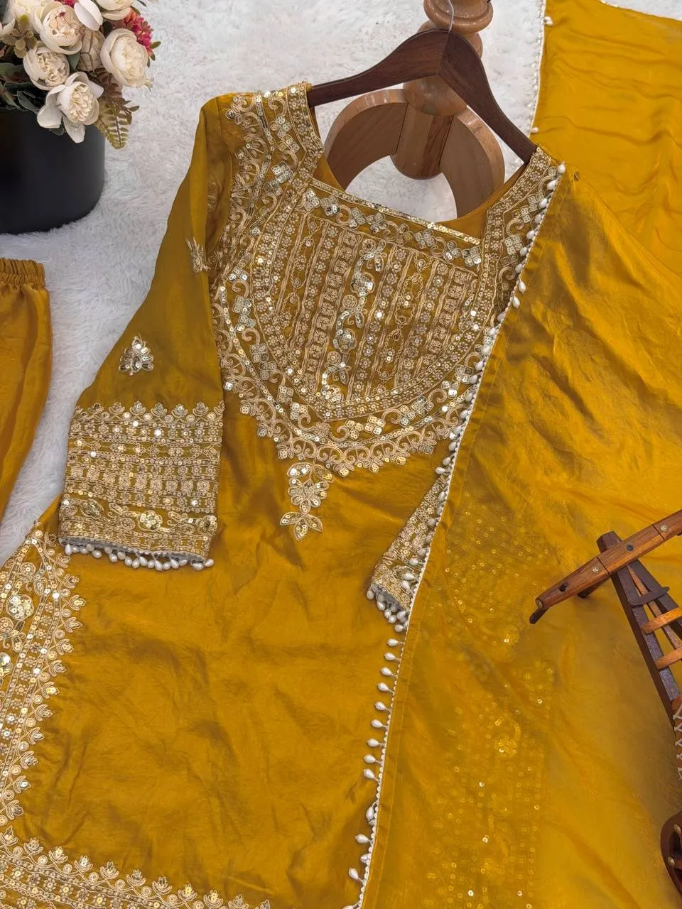 Mustard Wedding Readymade Embroidery Dress