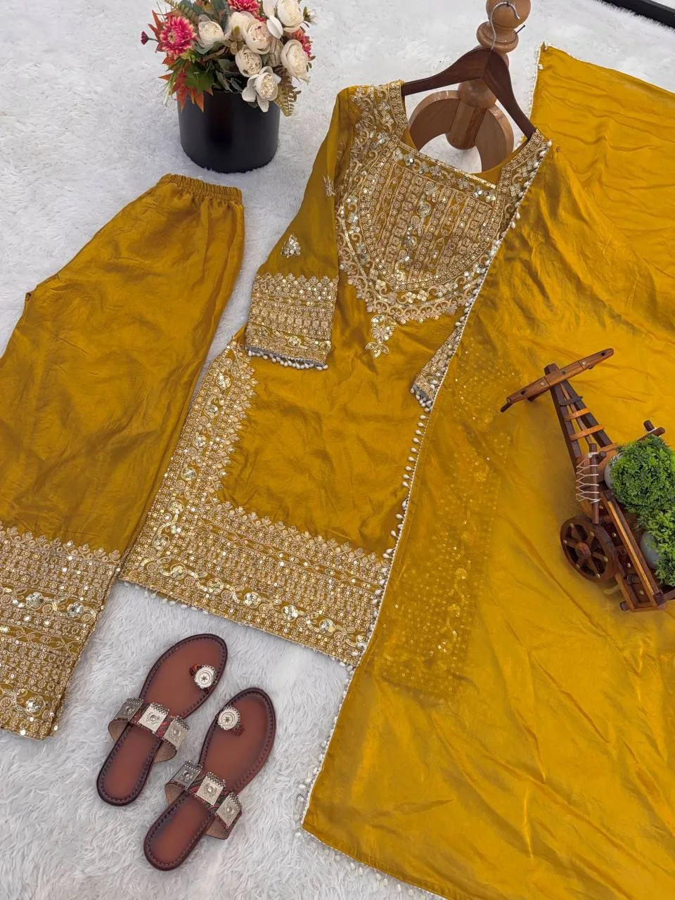 Mustard Wedding Readymade Embroidery Dress