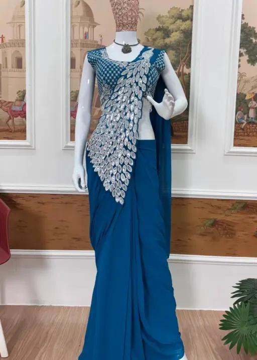 Navy Blue Peacock Pallu Readymade Saree