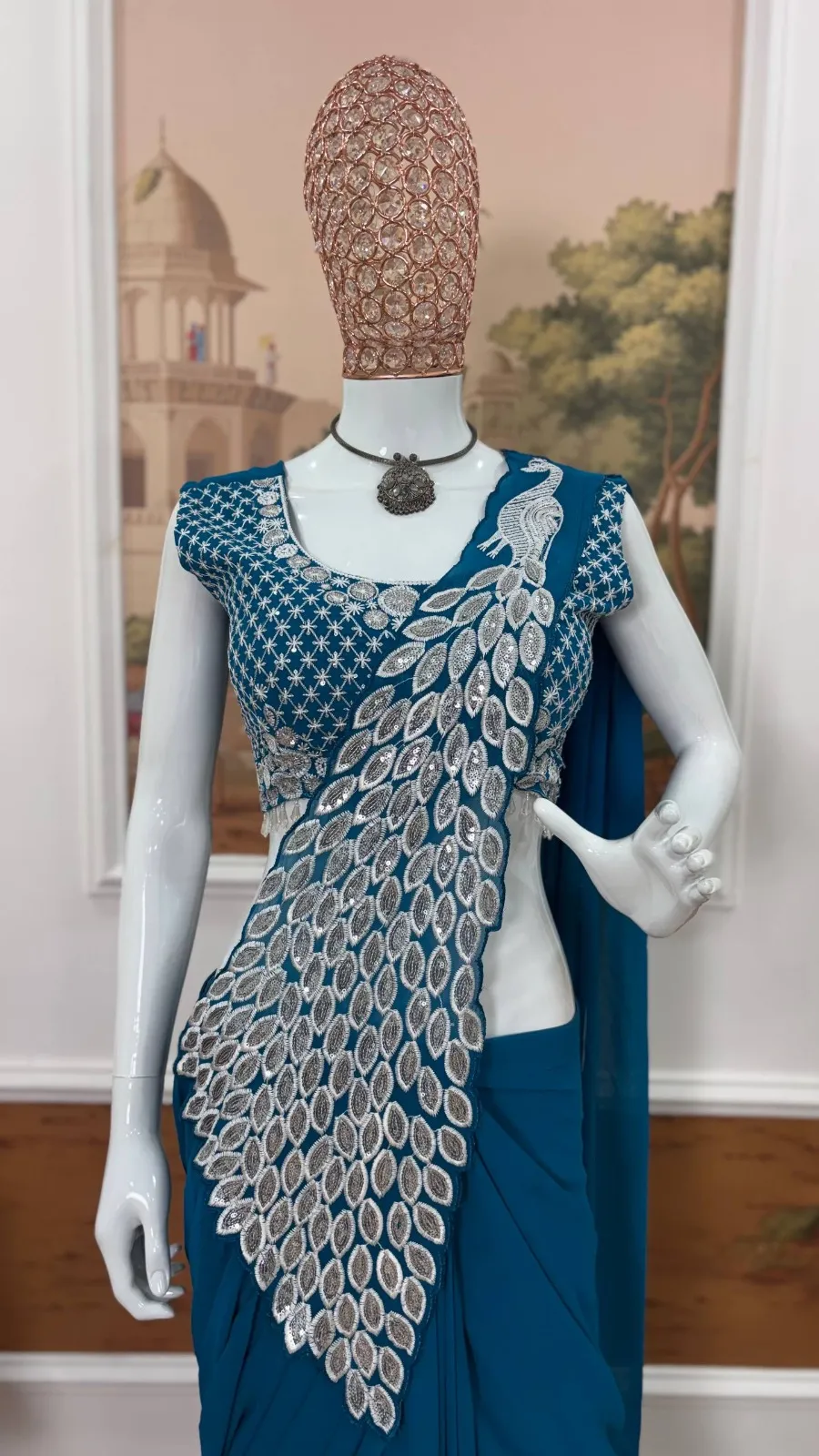 Navy Blue Peacock Pallu Readymade Saree