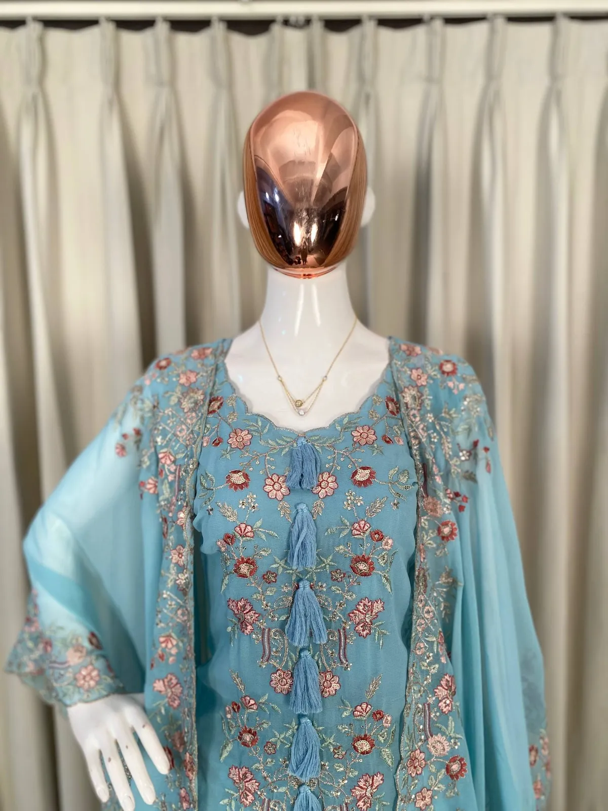 Designer Shrug Style Readymade Dress Blue