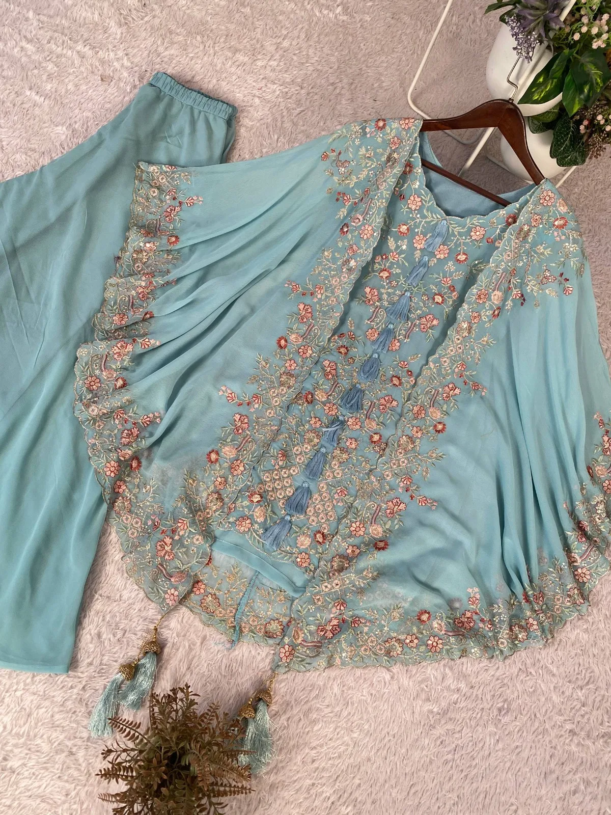 Designer Shrug Style Readymade Dress Blue