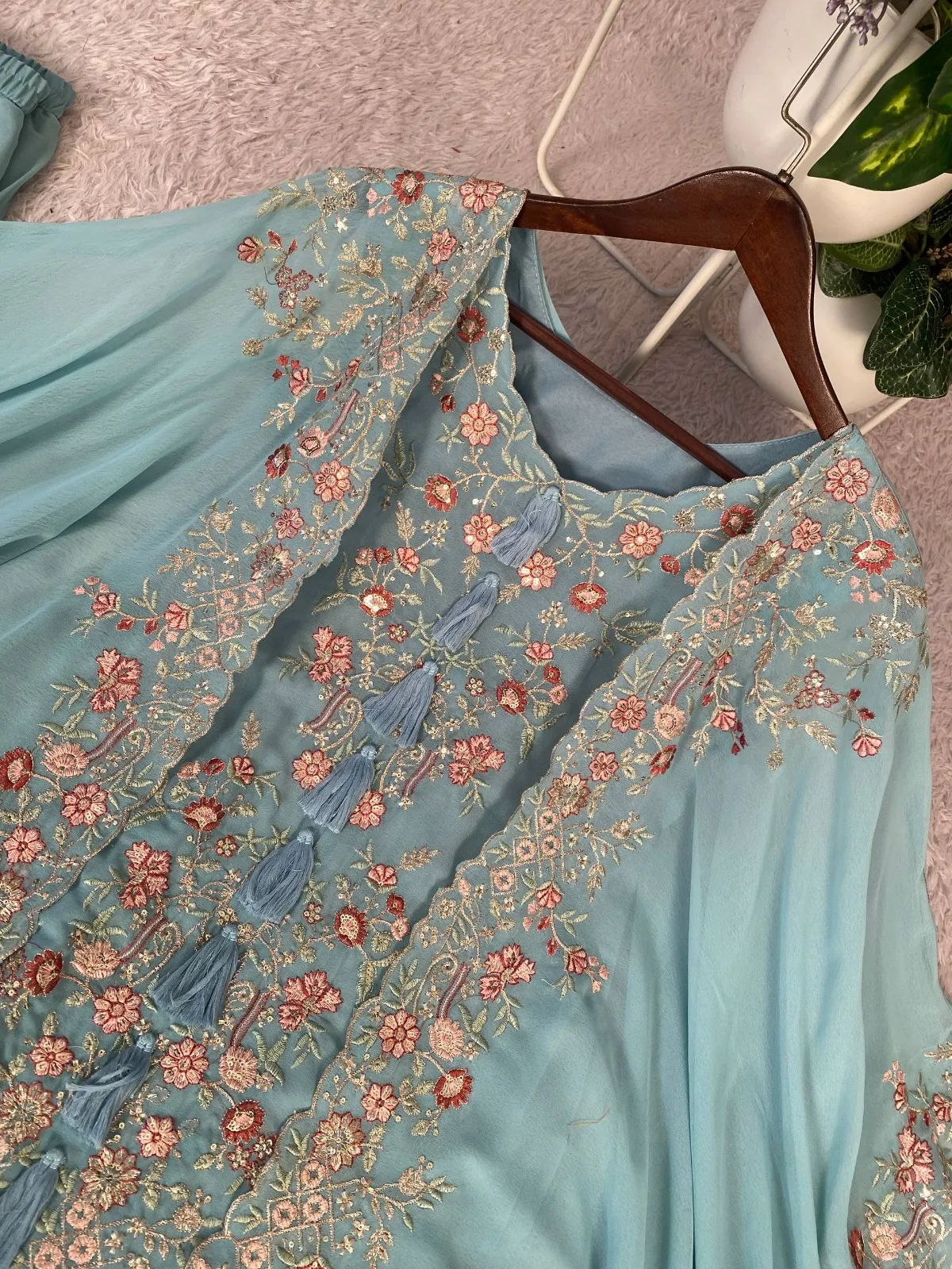 Designer Shrug Style Readymade Dress Blue