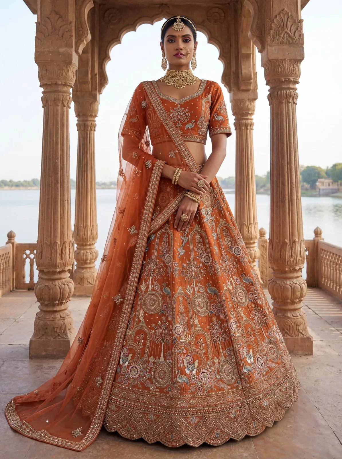 Orange Color Double Dupatta Bridal Lehenga Choli