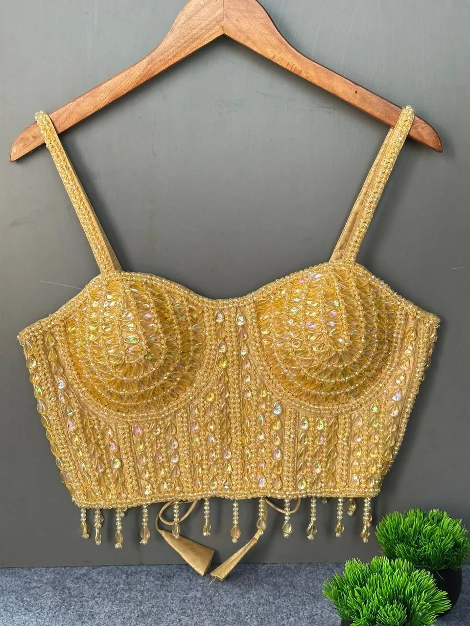 Party Wear Pearl Moti Spaghetti Blouse Golden