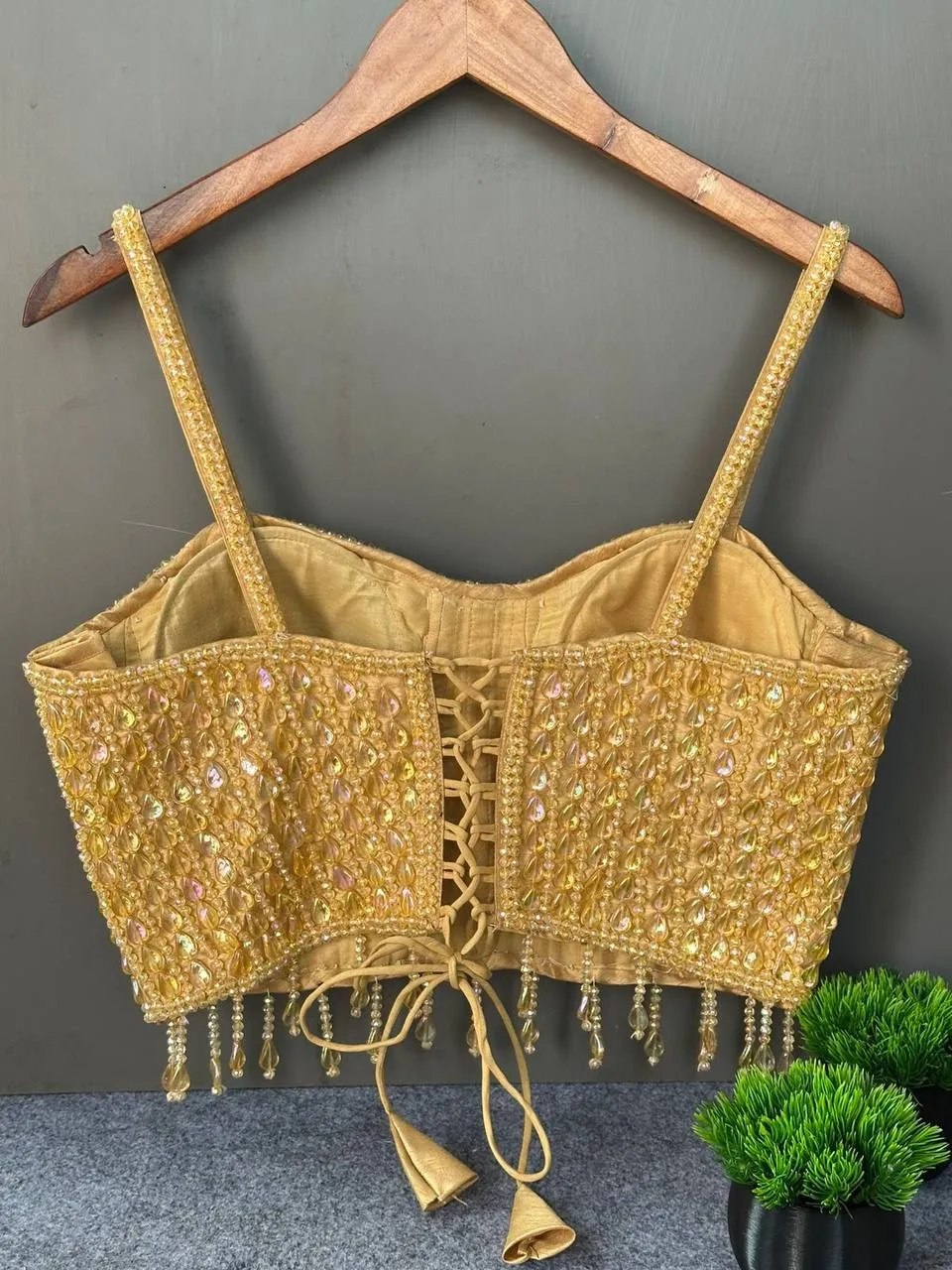 Party Wear Pearl Moti Spaghetti Blouse Golden