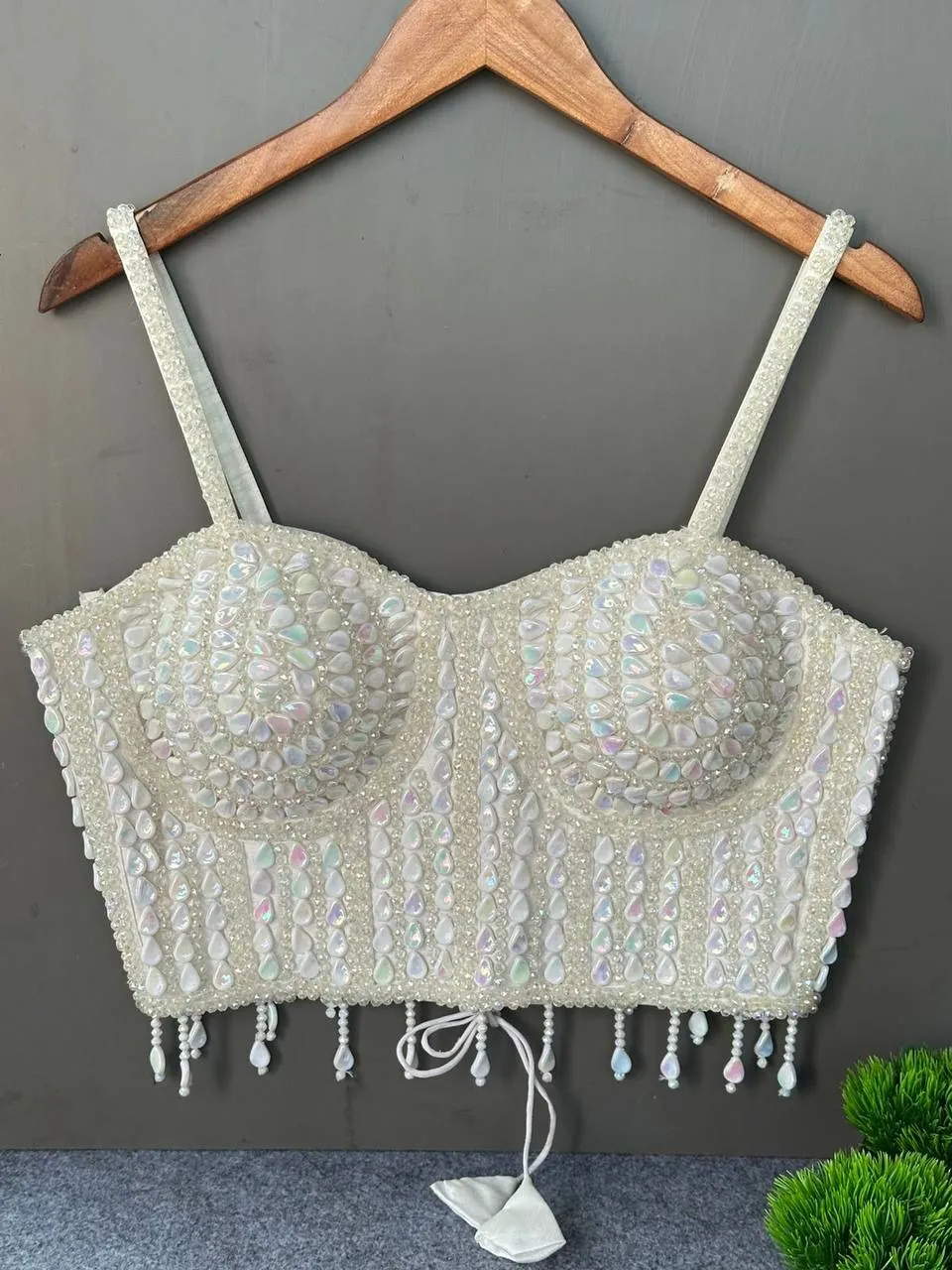 Party Wear Pearl Moti Spaghetti Blouse White