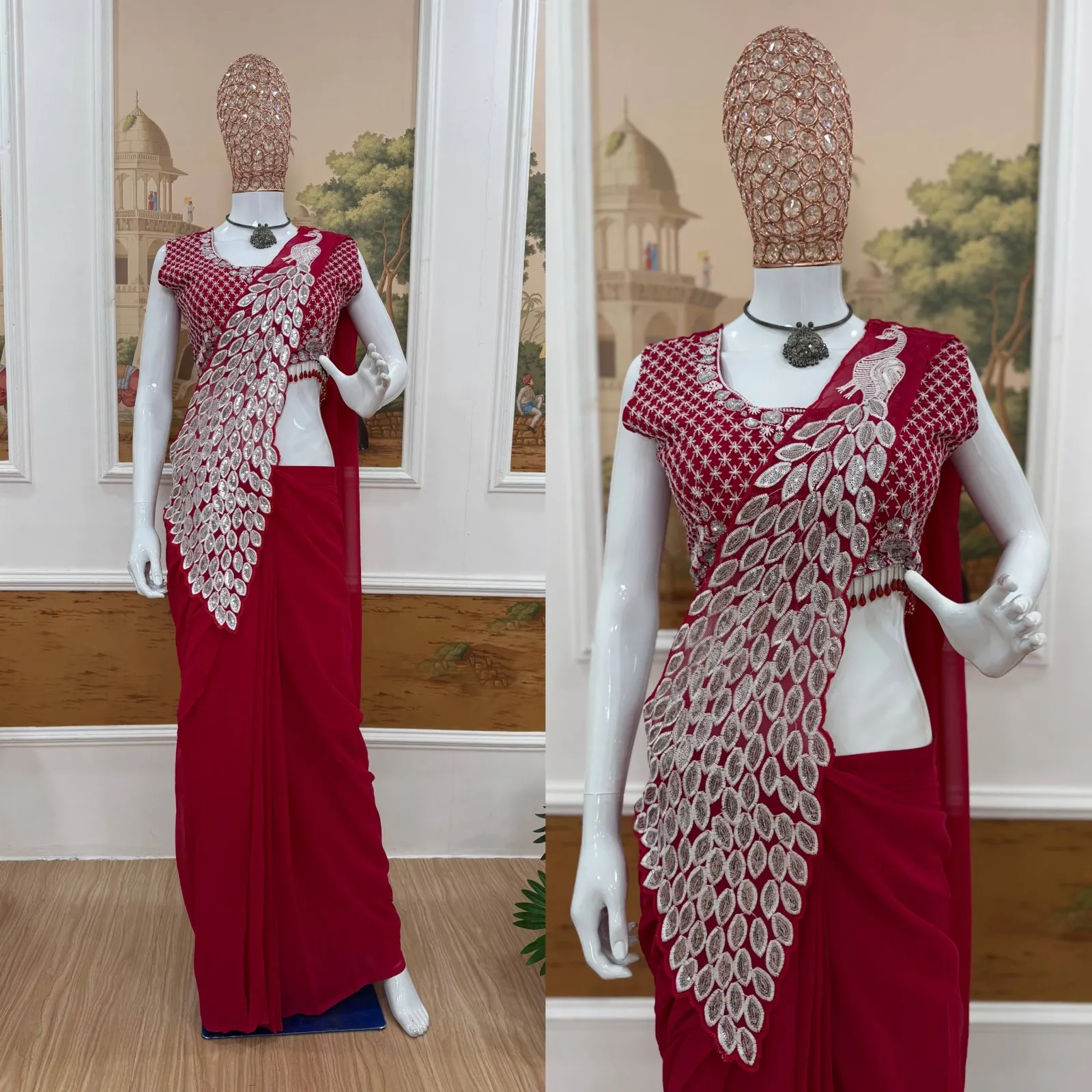 Peacock Pallu Readymade Saree Red