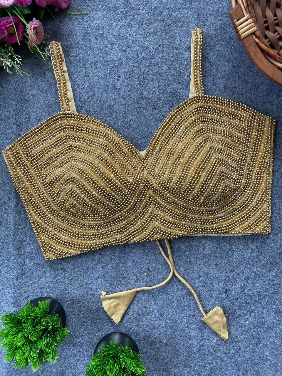 Pearl Moti Spaghetti Blouse Golden Color