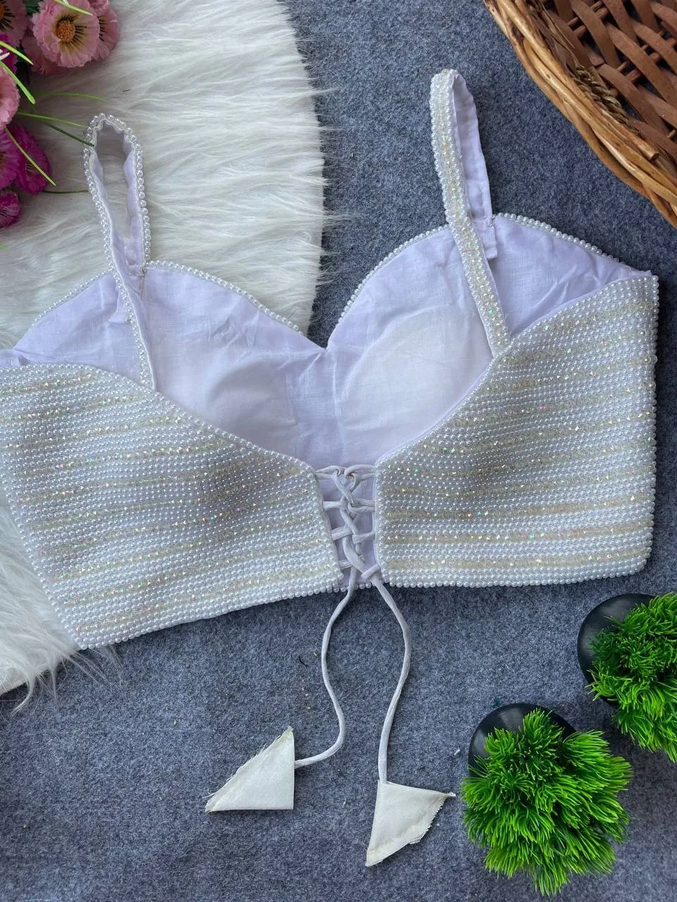 Pearl Moti Spaghetti Blouse White Color